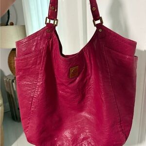 Tory Burch Louisa calfskin leather slouch bag in hot pink